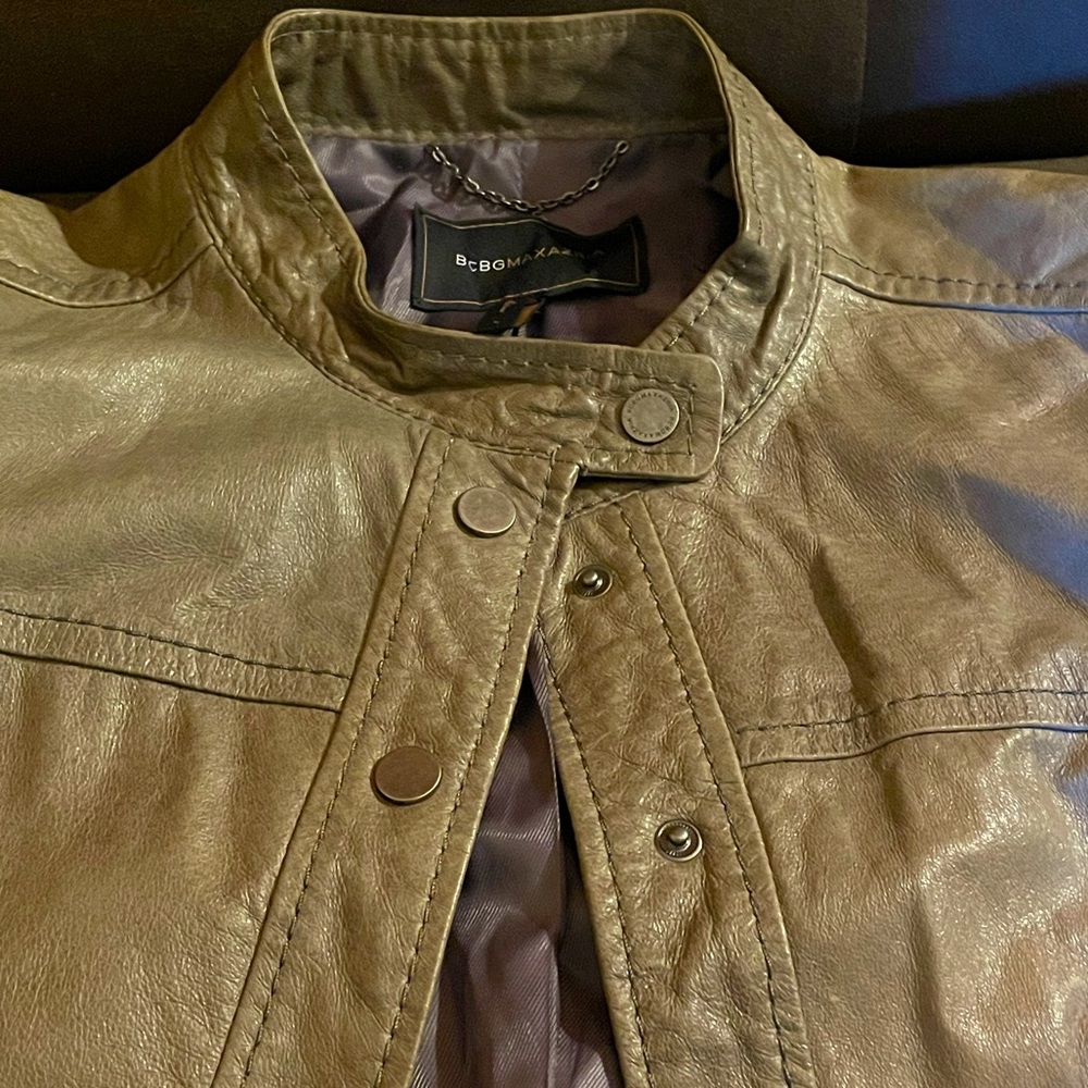 BCBG short leather motto jacket